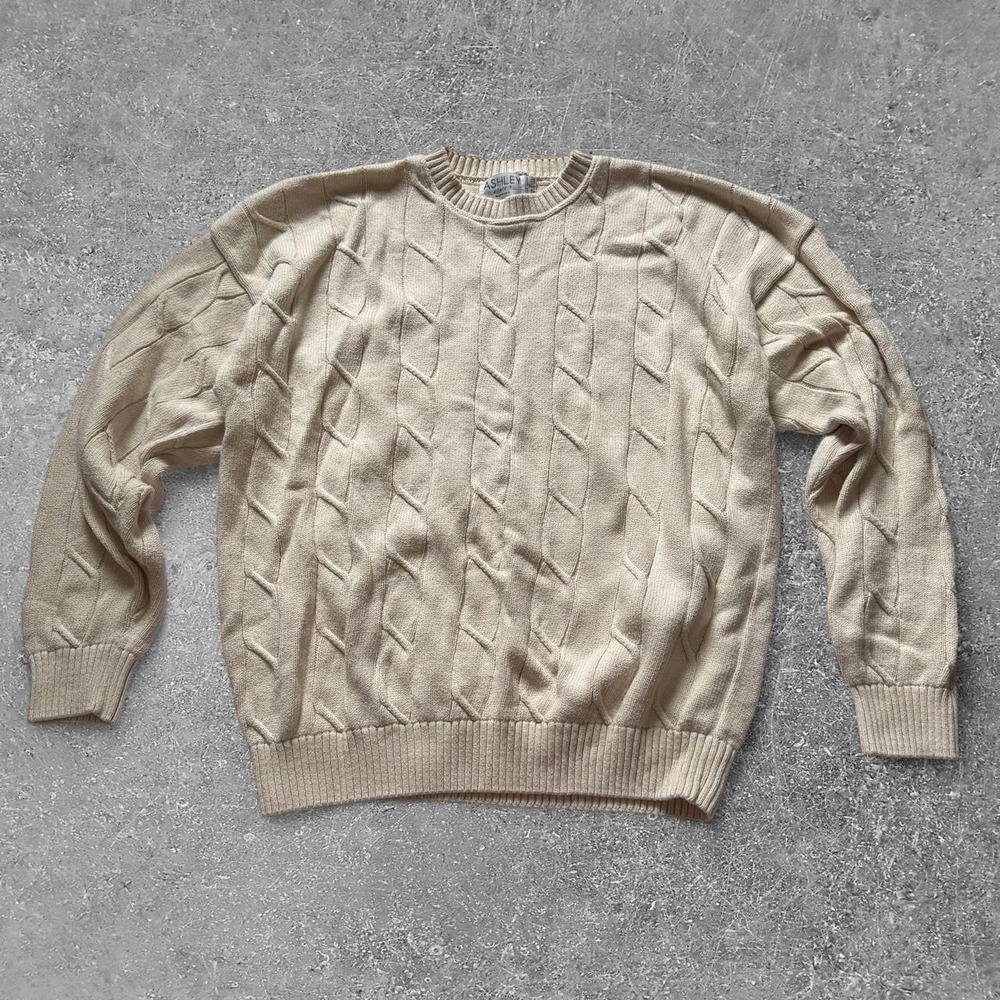 Ashley Knitwear Vintage Mens XL Cream Cable Knit Sweater Cotton Made in USA